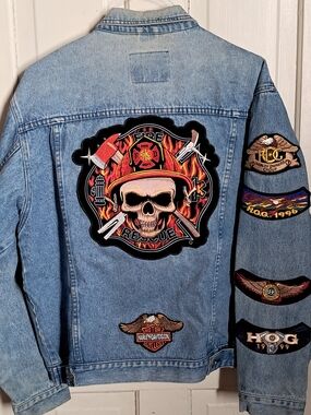 Firefighter Motorcycle Harley Davidson Patch Denim Jacket